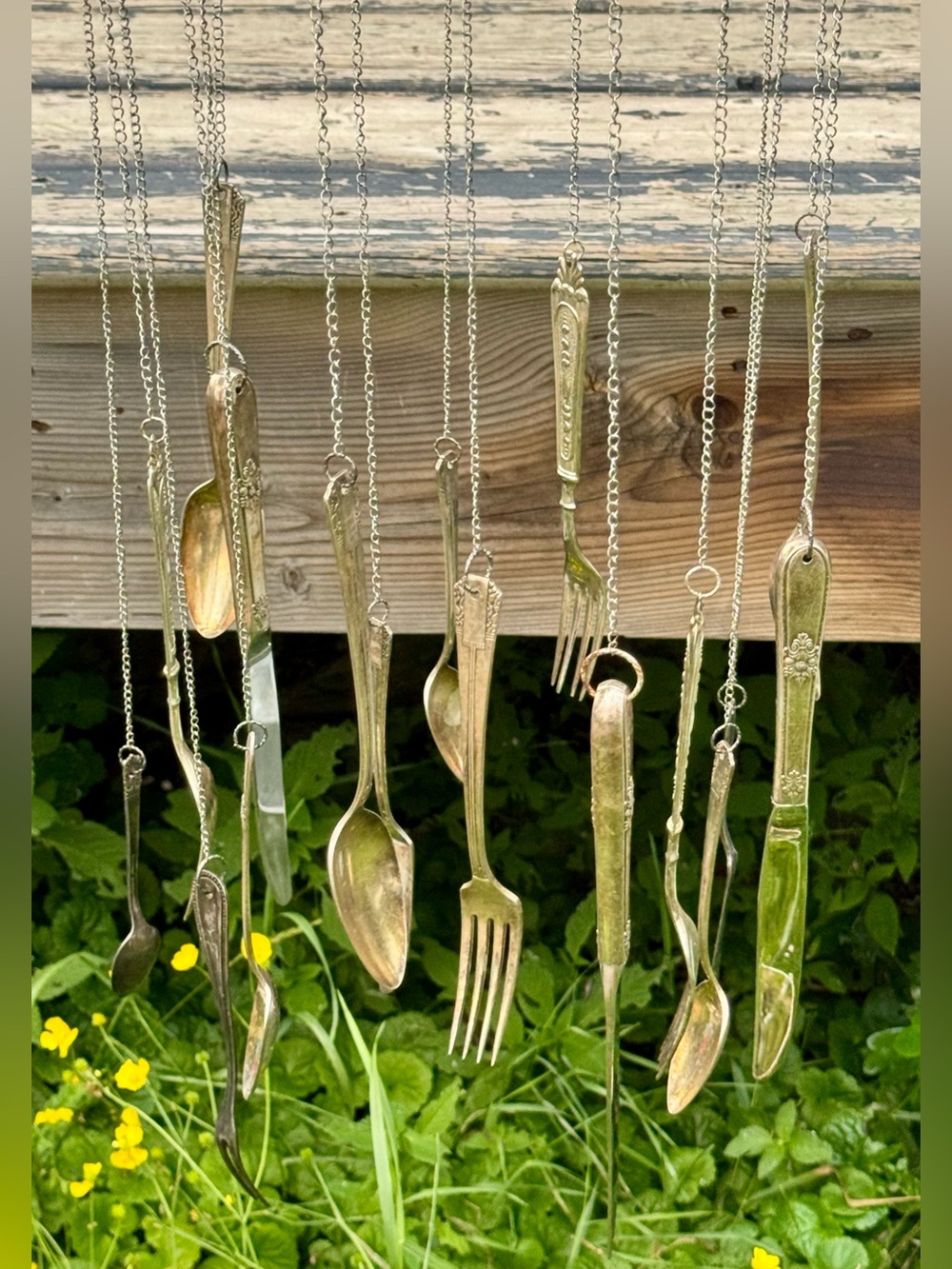 Hanging Repurposed Cutlery Wind Chime in Patina Plated Silver